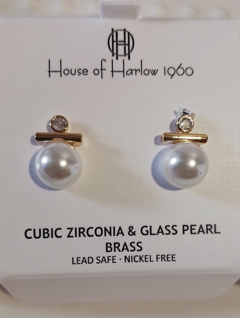 House of Harlow 1960 ⚜️Gold Tone & White Glass Pearl Brass CZ Stud Earrings